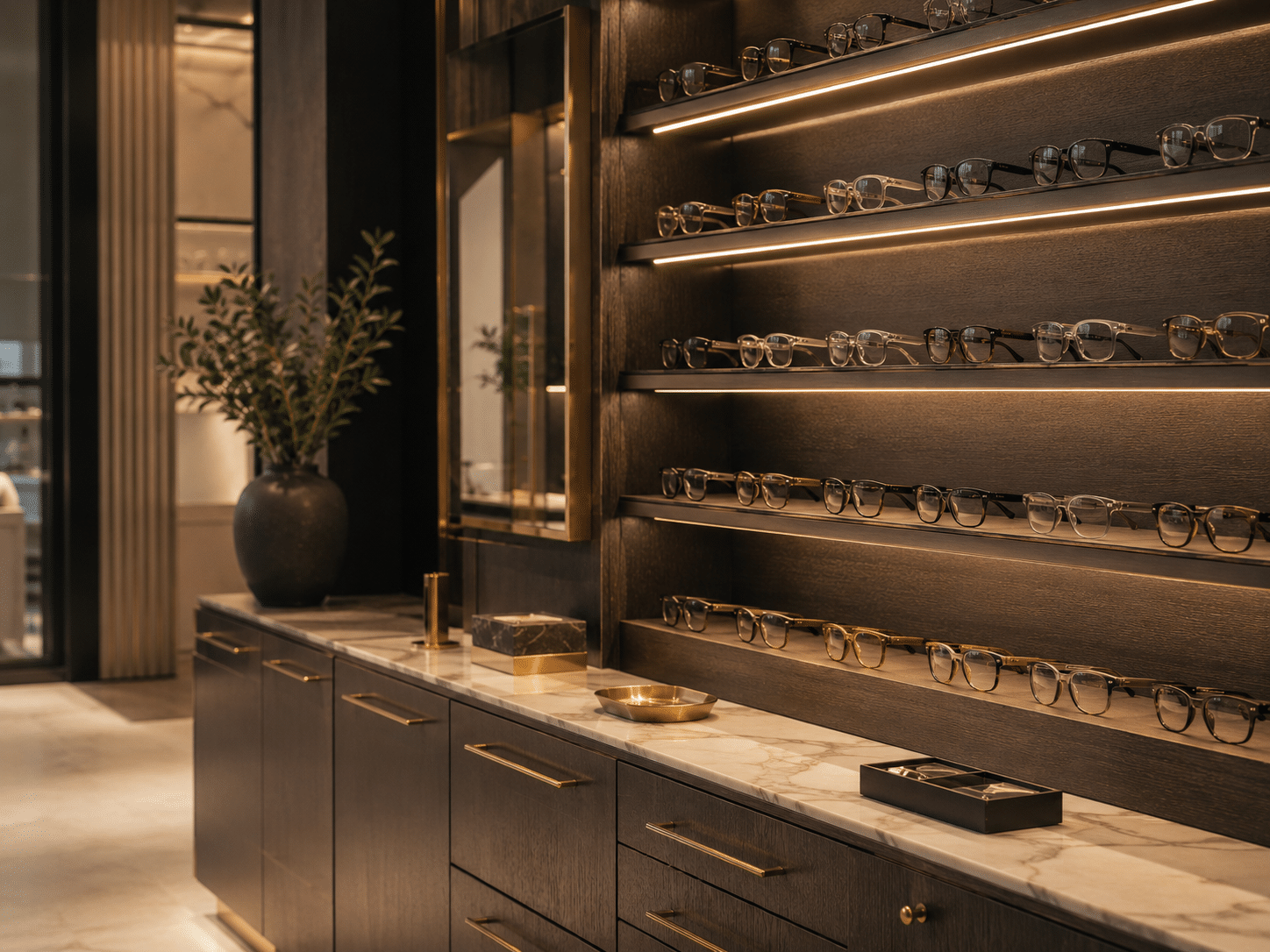 Designer eyeglasses on shelf
