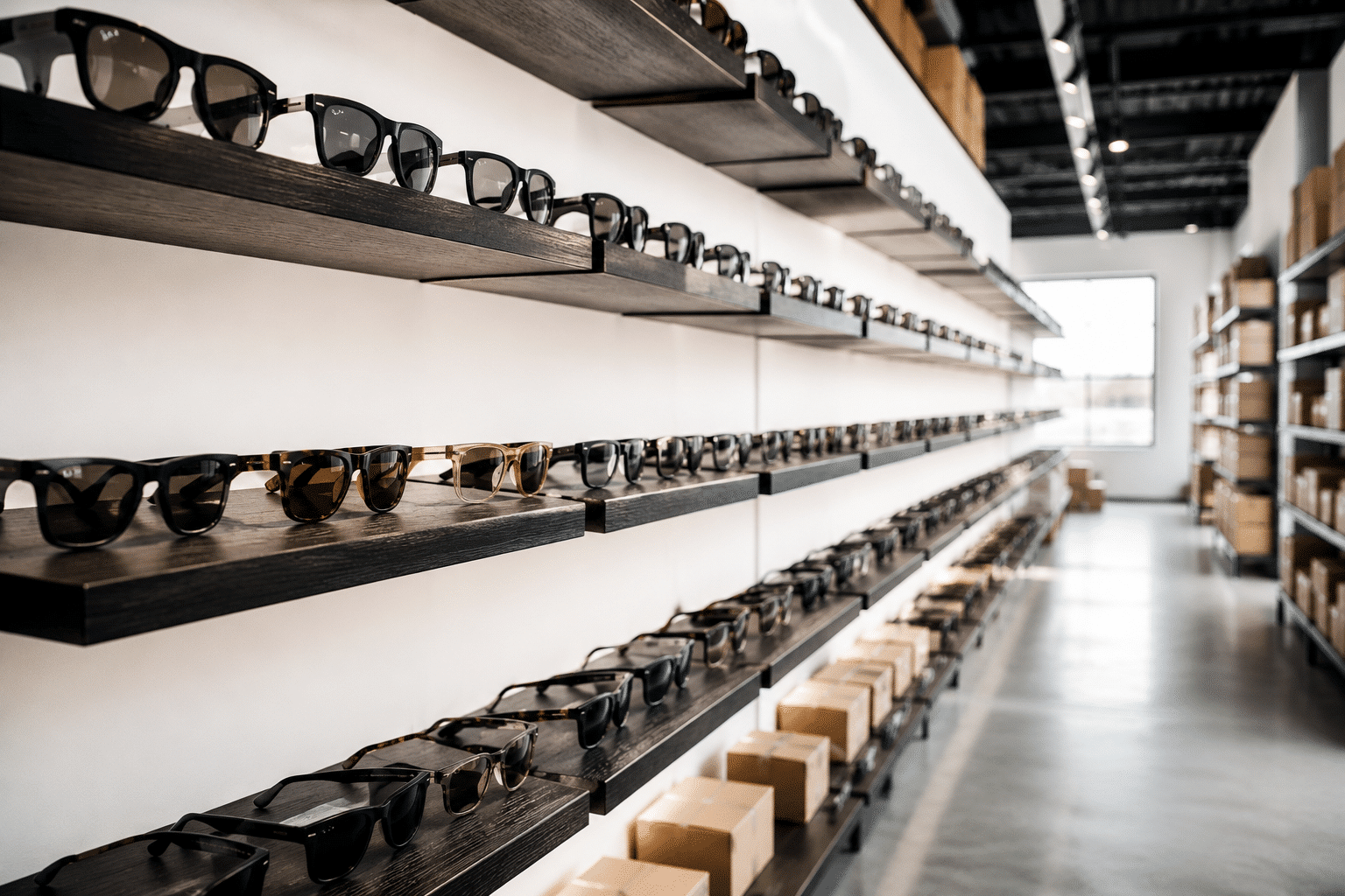 Wholesale eyewear distribution warehouse with rows of shelves displaying designer sunglasses at MJG Trading headquarters near New York City