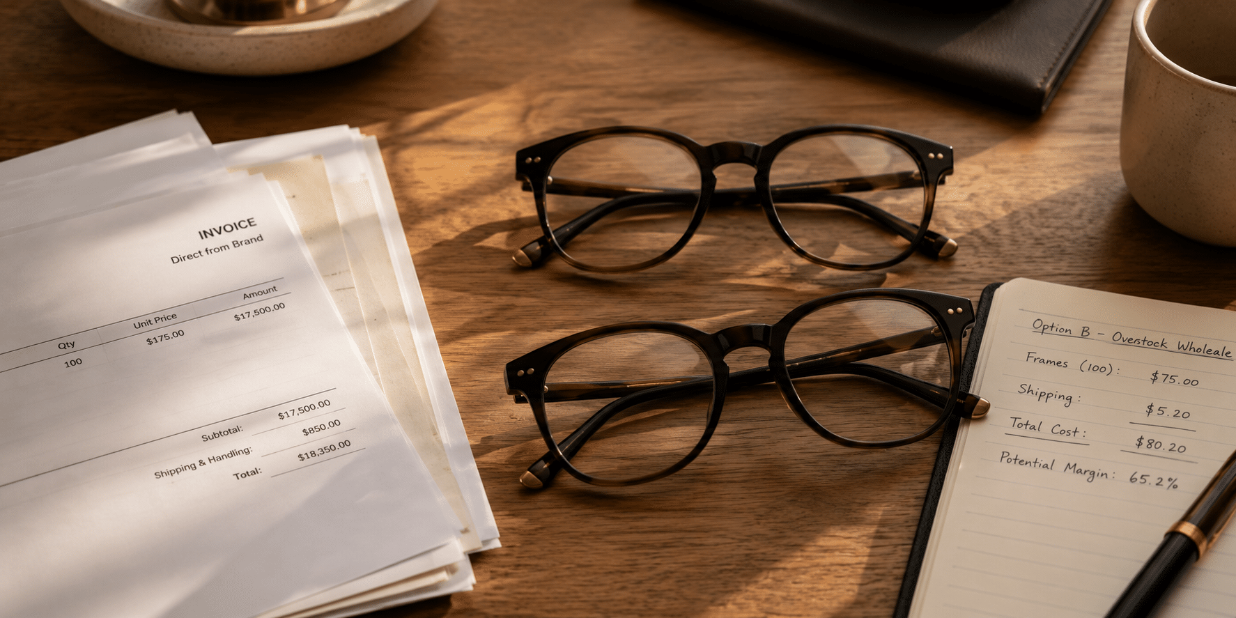 Close-up still life of two premium eyewear frames beside invoices and a handwritten ledger, representing a direct versus off-price cost and profit margin comparison
