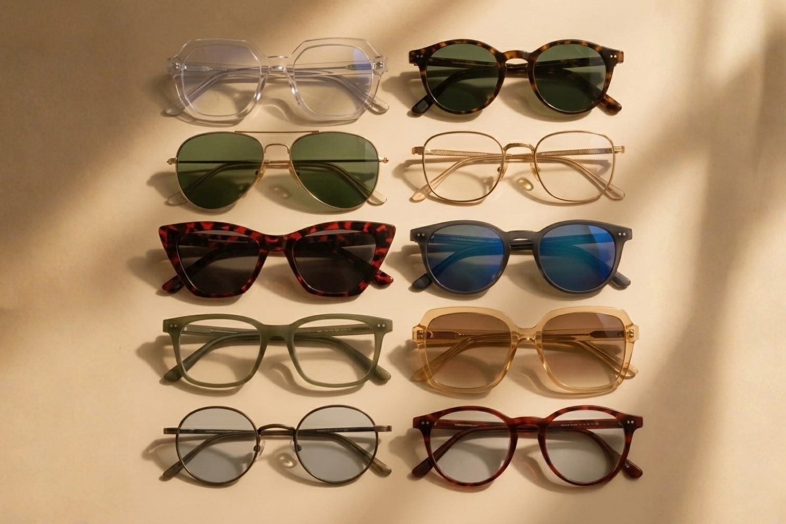 Flat lay of designer sunglasses and eyeglasses at unbeatable closeout prices
