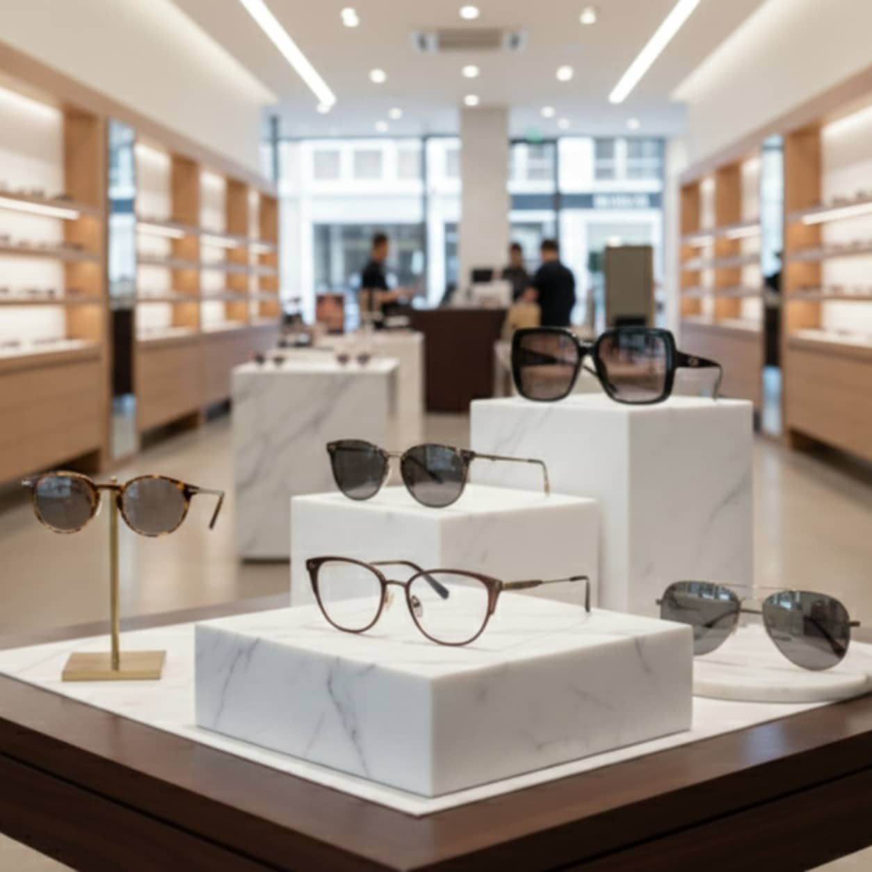 Multi-chain franchise store display with sunglasses on marble pedestals
