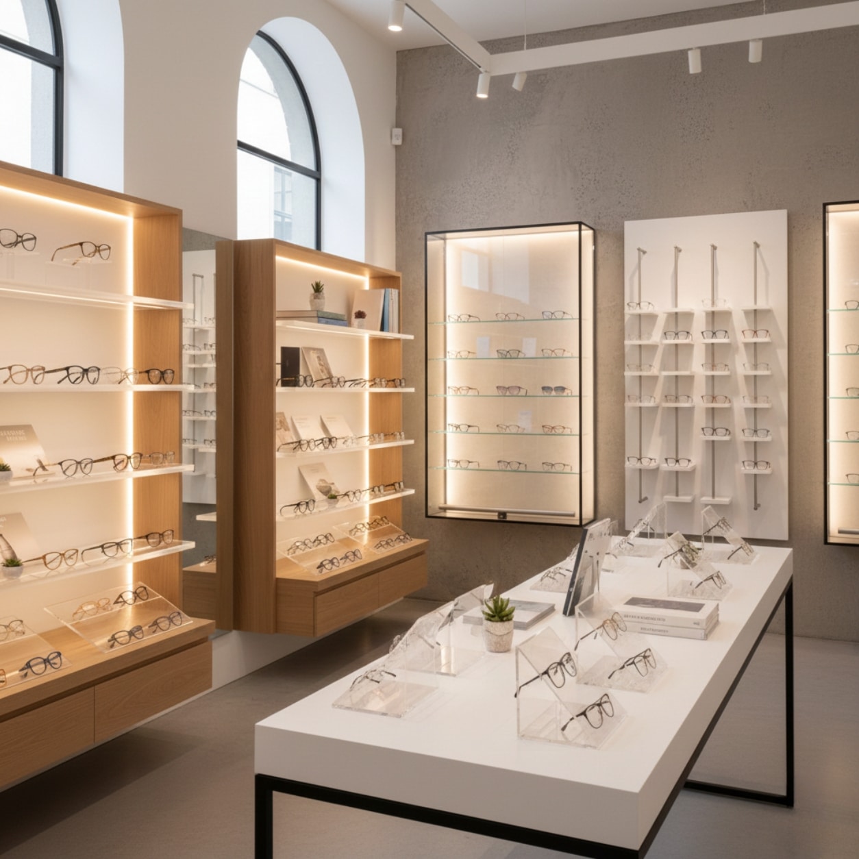 Wholesale and retail eyewear display with open wood shelving